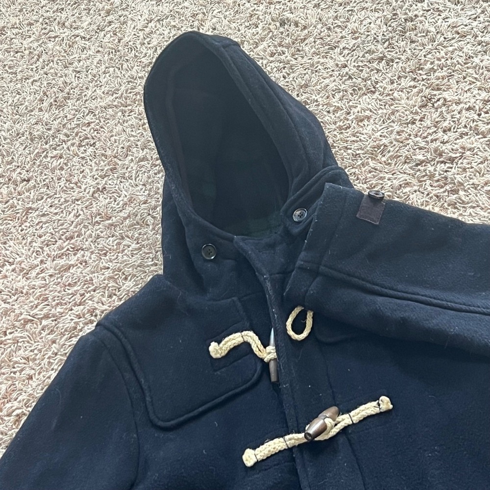 Abercrombie & Fitch Navy Blue Wool Blend Duffle Coat Toggle Hooded XS Plaid Line